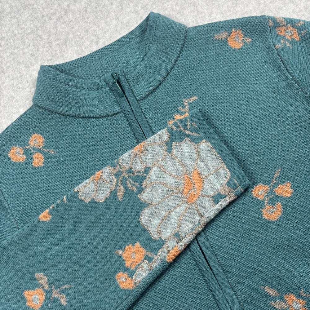 Pendleton Merino Wool Full Zip Cardigan Sweater Floral Teal Blue Womens Size L - Picture 2 of 16